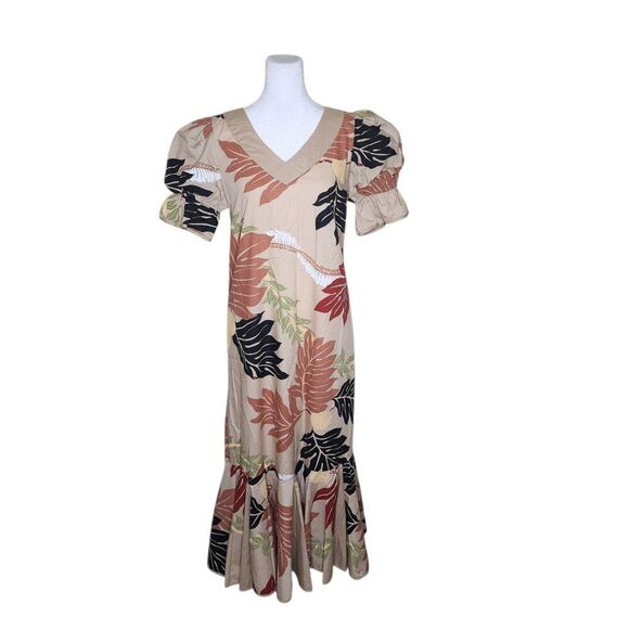 Vintage 80s Rainbow Tropical Hawaiian Muumuu Womens M Tan - Picture 1 of 6
